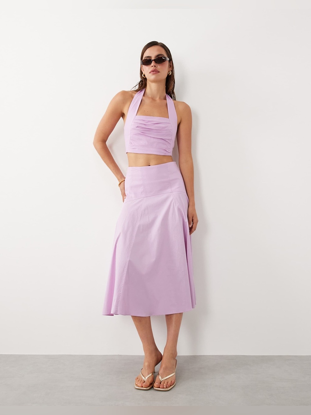 Mango starring Hailey Bieber Kasha Halterneck Cropped Top& Drop Waist Midi Skirt